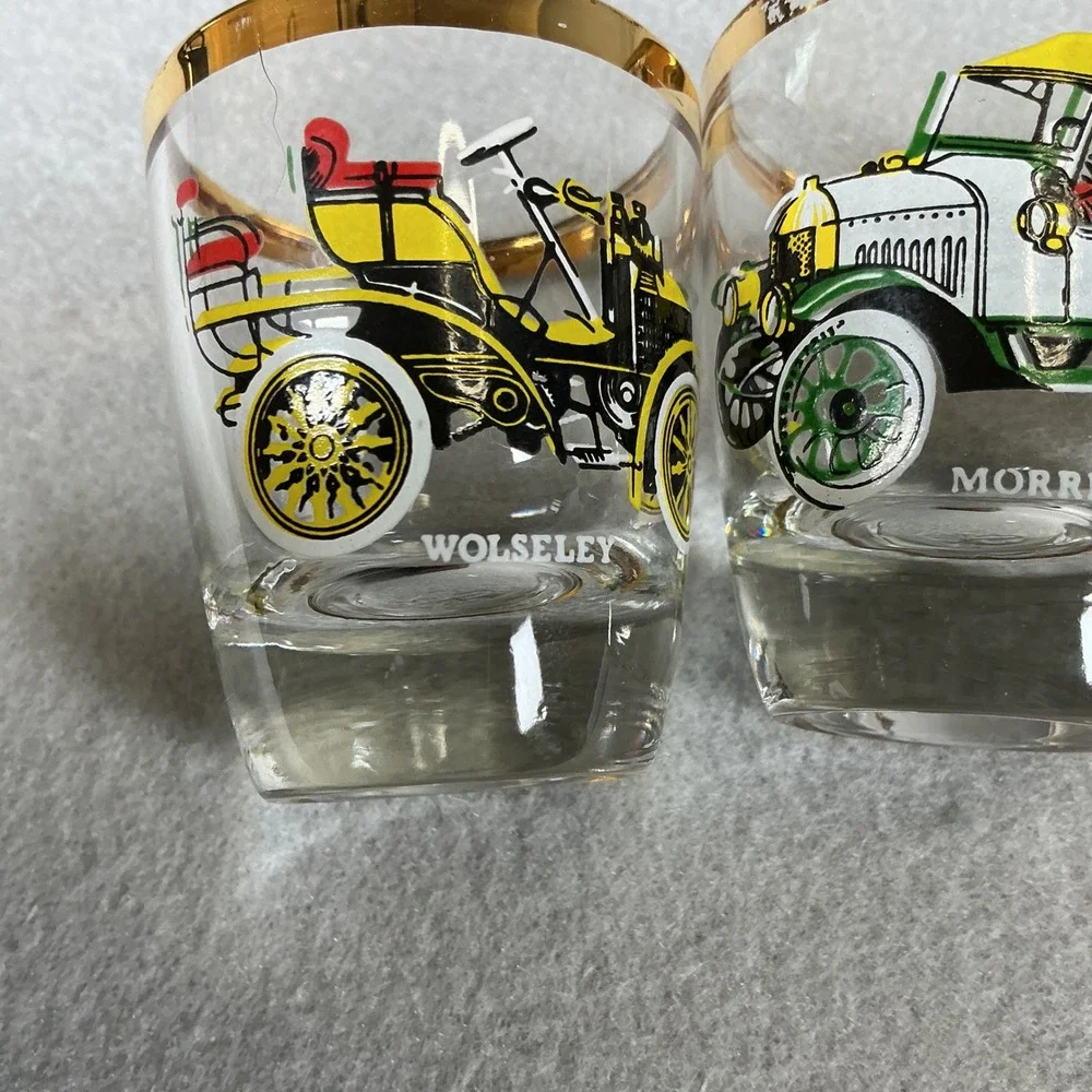 Vintage Car Shot Glass Set Gold Rim Barware 5pc Retro Auto Design‎